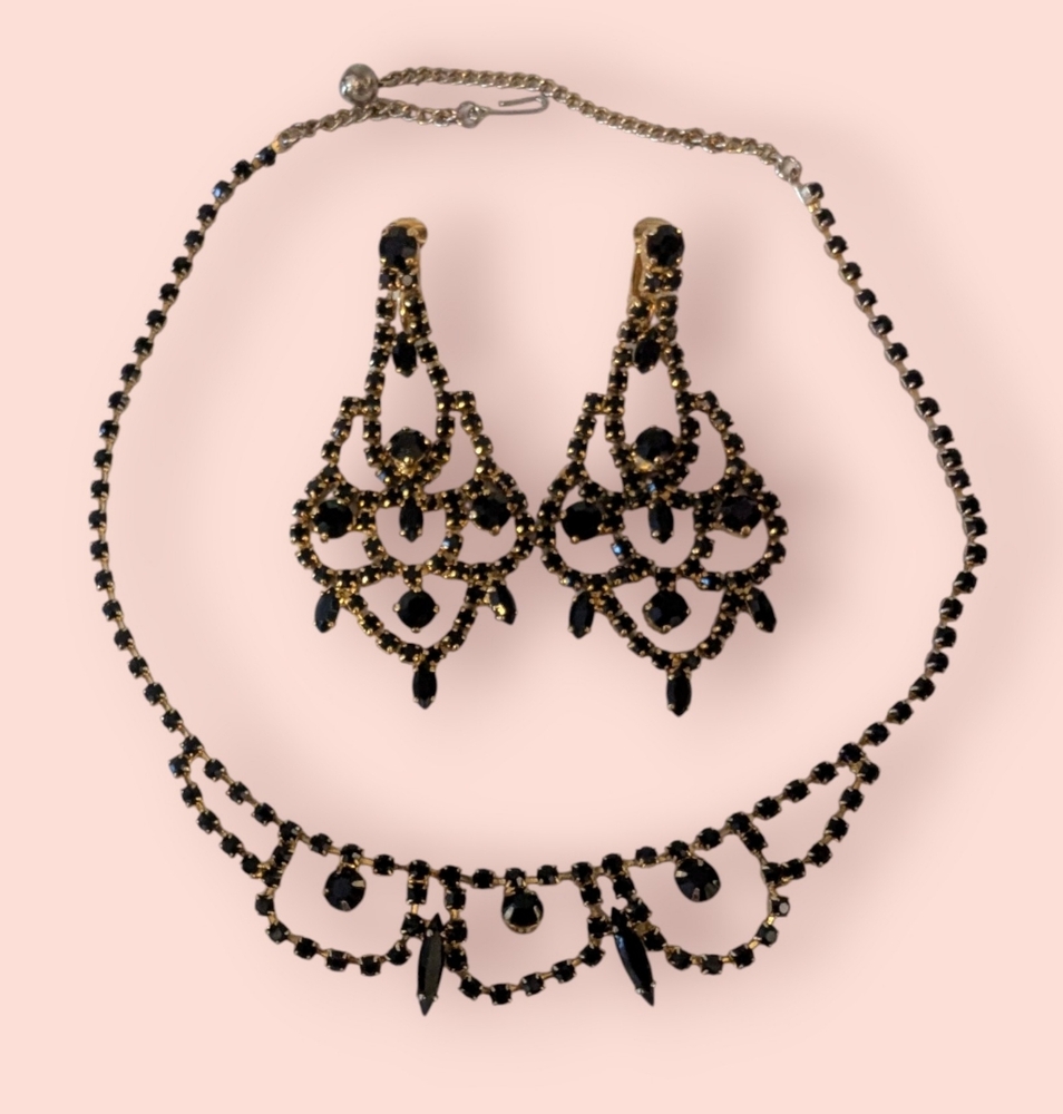 Signed Sherman Jet Black & Gold Chandelier Earrings & Composed Fringe Necklace